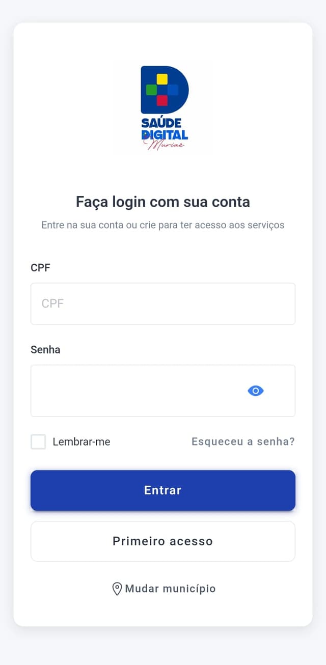 Tela de Login do aplicativo Saúde Digital Muriaé